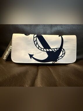 Shiraleah White Satin Evening Clutch with Embroidered Navy Blue Anchor.